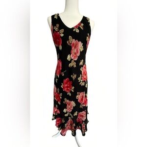 Vintage Petite Sophisticate Black Floral Midi Slip Dress Red Rose 6 Chiffon